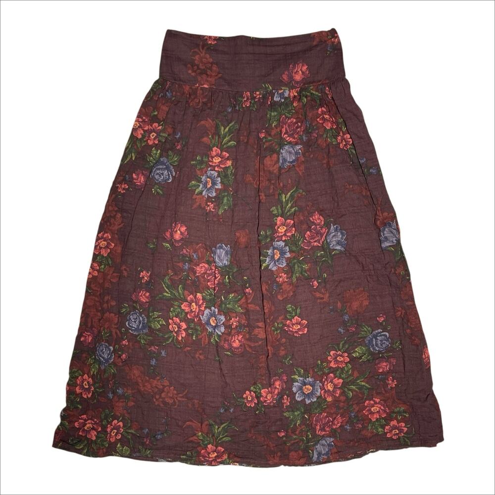 NATURAL LIFE Cotton-Viscose Crepe Burgundy Floral Side Slit Midi Skirt Size M